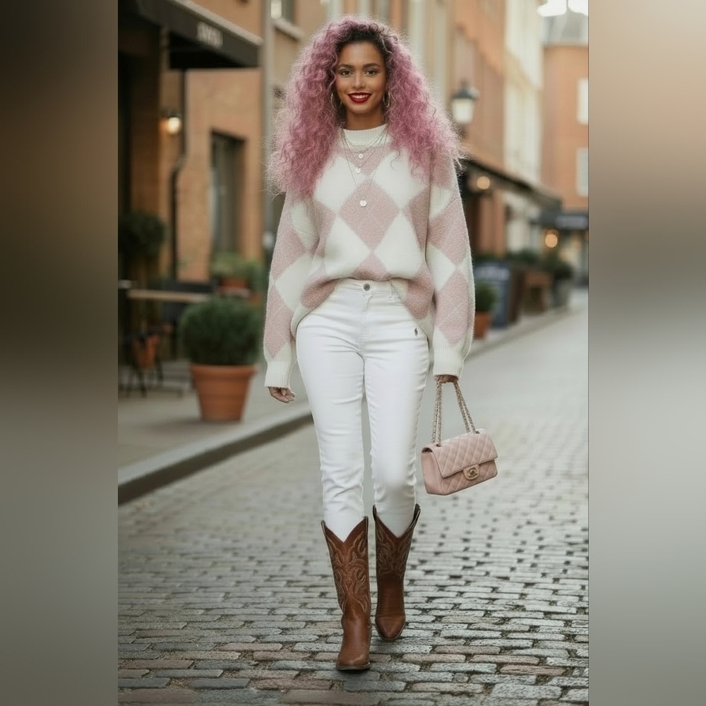 "Sincerely Jules Pink White Argyle Diamond Knit Oversized Sweater Preppy XS/S"